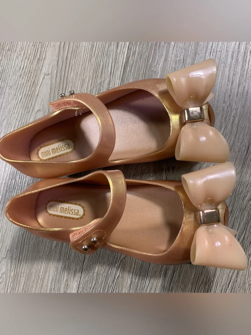 Mini Melissa Ultra Girl Pink Gold Glitter Peep Toe Mary Jane’s size 8